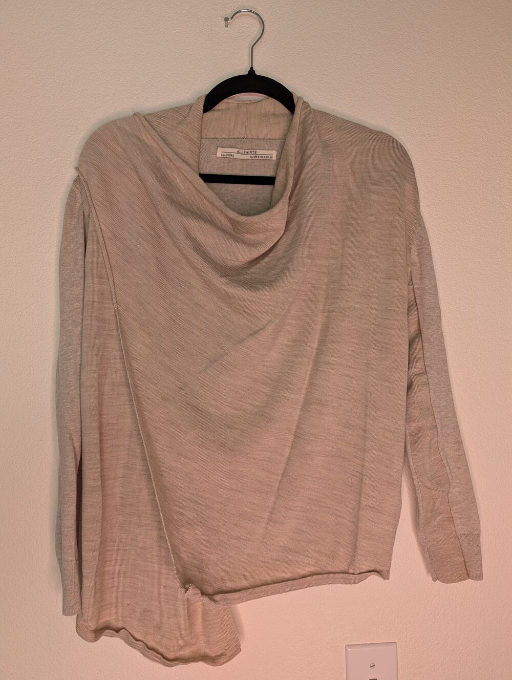 AllSaints Beige Wool Blend Asymmetrical Zip Drape Cardigan US 4 Edgy Minimalist